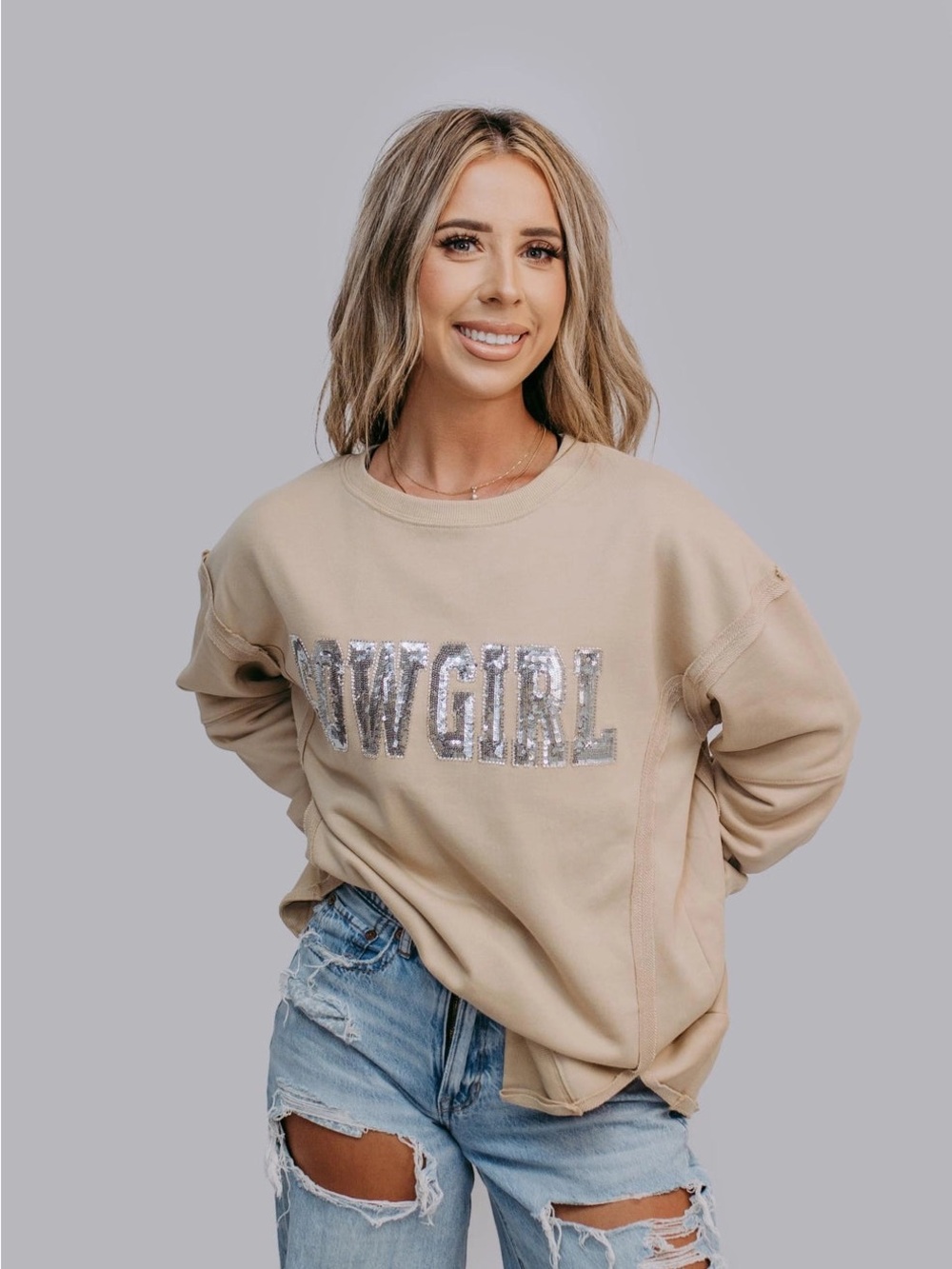 Sequin 'COWGIRL' Beige Crewneck Sweatshirt